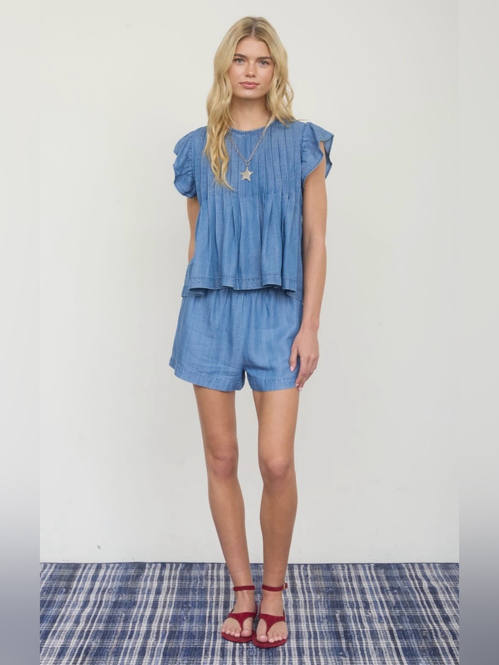 SET Blu Pepper Ruffle Sleeve Chambray Babydoll Top & Elastic Waist Shorts-Denim